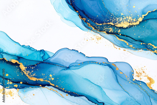 alcohol ink vintage design with gold accents and a blue wavy surface texture background
