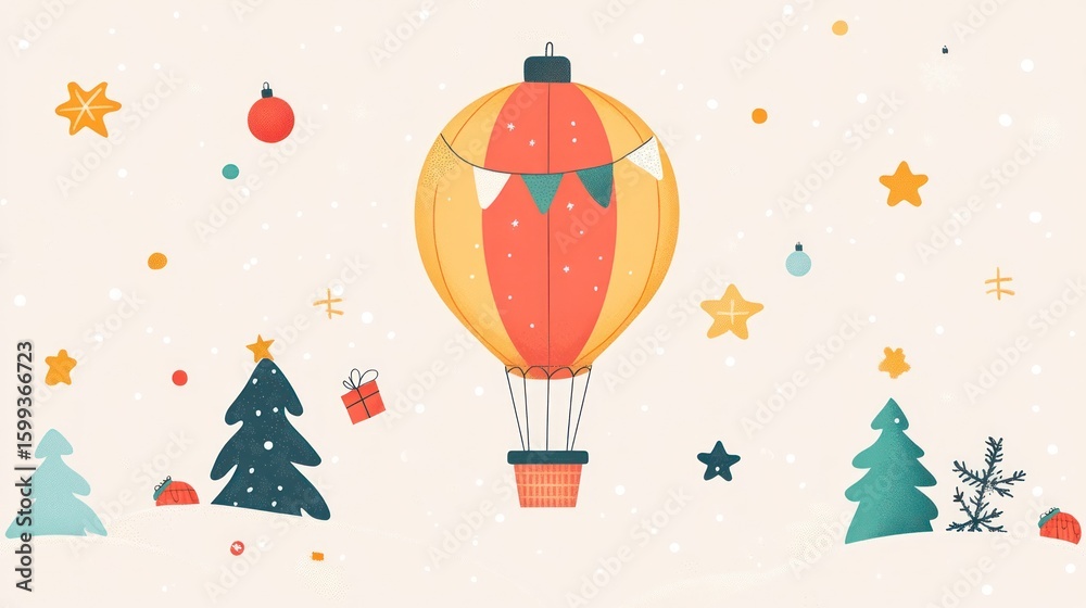 Fototapeta premium Festive hot air balloon over snowy landscape, holiday scene, kids decor, gift giving