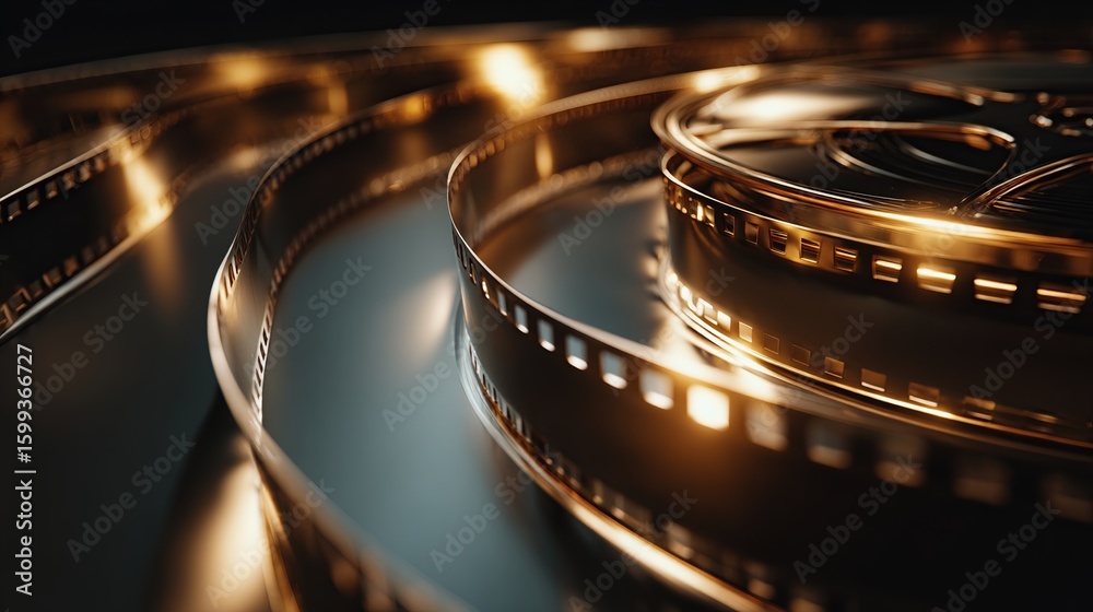 Golden film reel unwinds, glossy, capturing light with vintage celluloid strip Golden film reel unwinds, glossy, capturing light with vintage celluloid strip