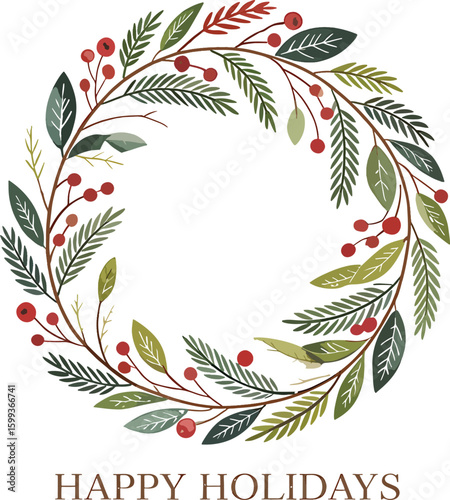 Festive watercolor christmas wreath with red berries and greenery