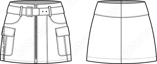Trendy mini cargo skirt with belt, zipper closure, utility flap pockets, back seam detail, CAD drawing, flat vector illustration