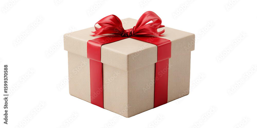 Fototapeta premium Beige Gift Box with Red Ribbon and Bow, PNG