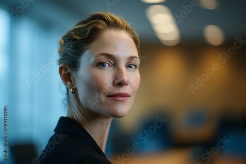 Confident caucasian female adult in office setting with focused expression