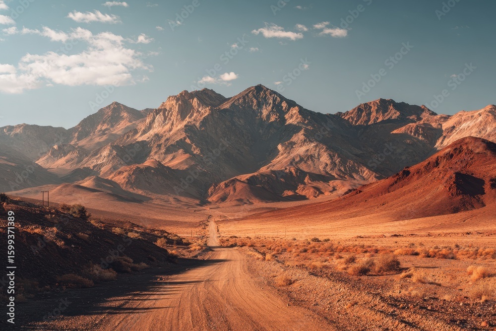 Fototapeta premium Dusty road winds through a colorful, mountainous desert landscape under a pale sky