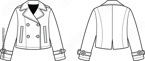 Women’s cropped trench coat, double-breasted buttons, wide collar, belt cuffs, long sleeves, front and back views, fashion outerwear vector, CAD drawing, flat illustration