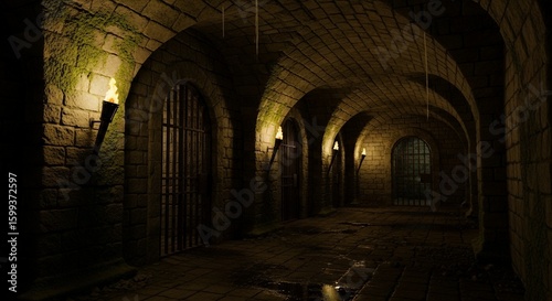 Dark Medieval Corridor with Iron Gates and Torches