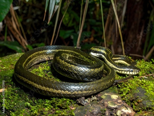 A Dark Snake Coiled on Moss in a Jungle, Wildlife Photography, AI Generated