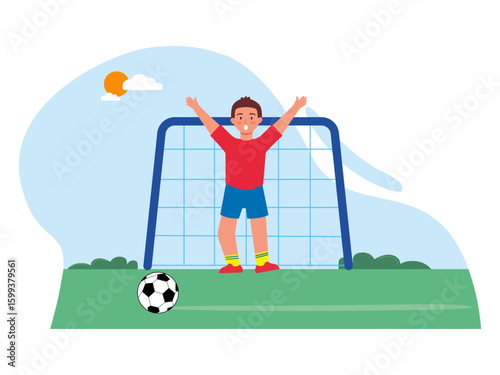 Little boy is guarding the goal, playing soccer on the field. Kids playground vector illustration. Flat illustration concept.