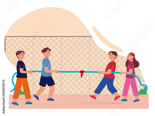 Children playing tug of war in the park, having fun together. Kids playground vector illustration. Flat illustration concept.