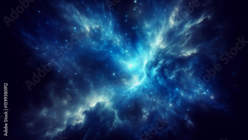 Cosmic Symphony: An artistic digital rendering of a radiant nebula. A celestial tapestry of blues, whites, and hints of teal, evoking the mysteries of the cosmos.