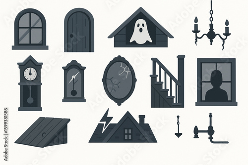 Haunted House Elements Vector Set – Spooky Window, Creaky Door, Ghost Attic