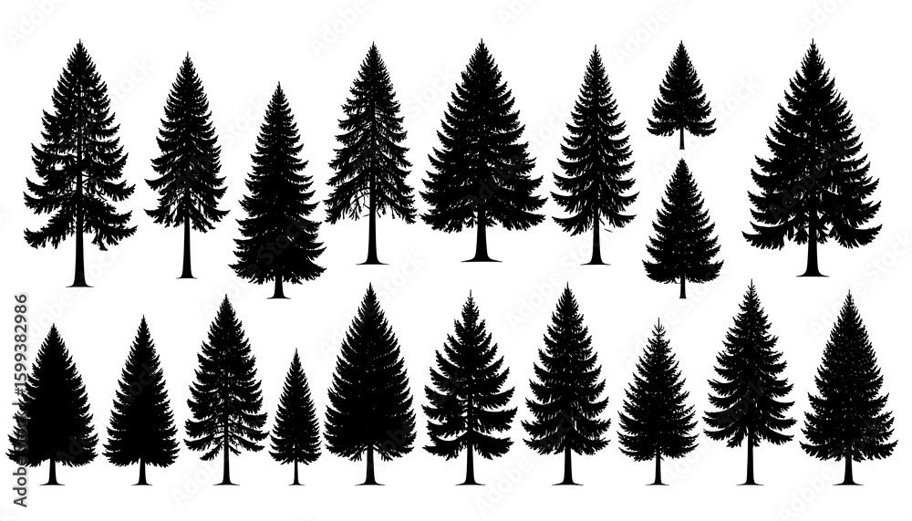 Obraz premium Collection of black silhouette pine trees