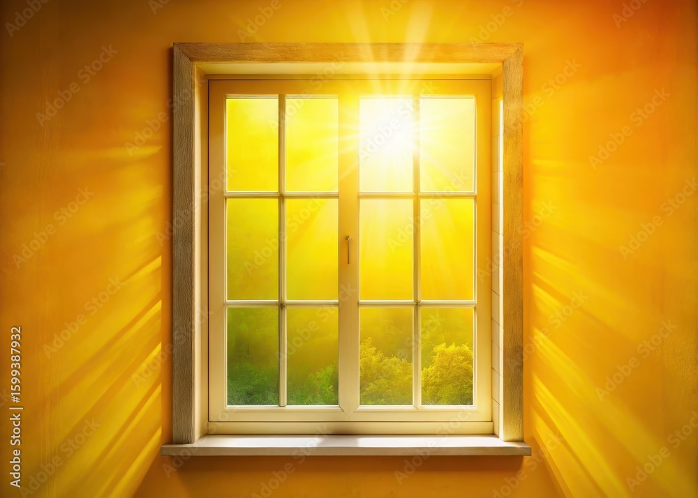 Fototapeta premium Sunny yellow window with warm sunlight filtering through the panes