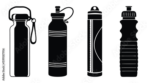 Black and white vector illustration of four different types of water bottles for hydration and sport