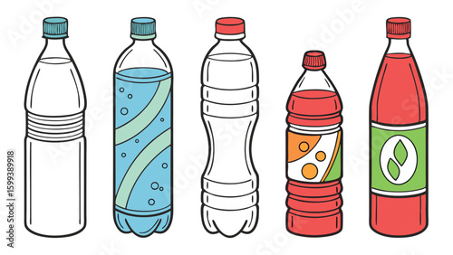 Collection of colorful cartoon plastic bottles filled with refreshing beverages for design assets