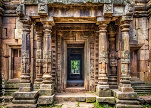 Ancient temple entrance with worn stone columns and intricate carvings in a decaying facade