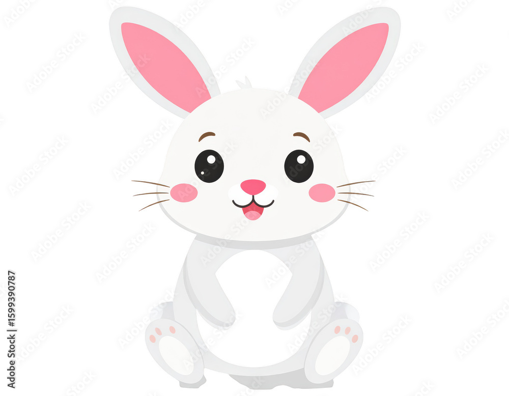 Fototapeta premium Cute cartoon white bunny rabbit with pink ears isolated on transparent background