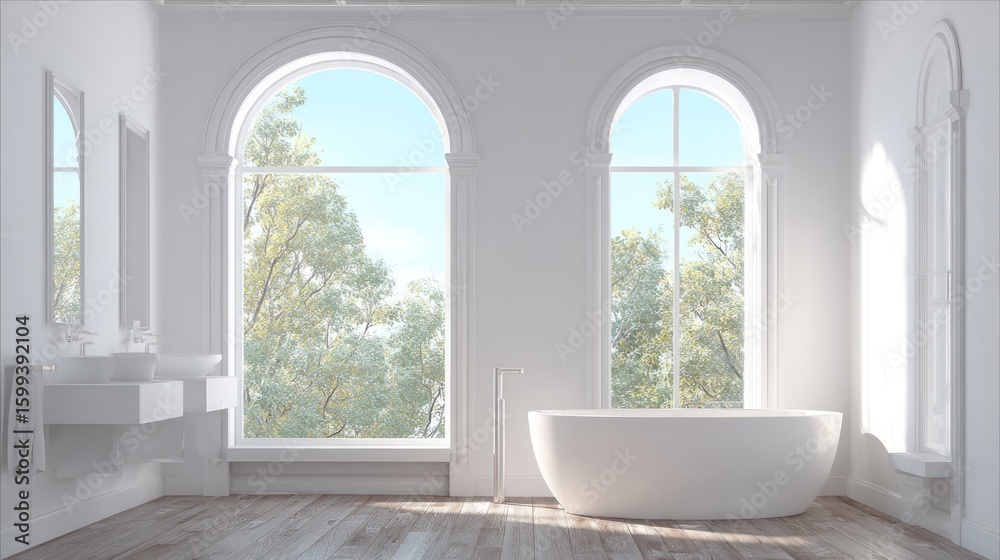 Fototapeta premium Elegant white bathroom with large arched windows and a freestanding tub.