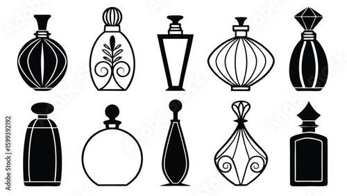Elegant collection of black and white vector perfume bottles with various decorative designs