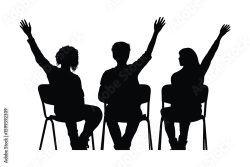silhouette of students raising hands in class, school engagement and participation concept