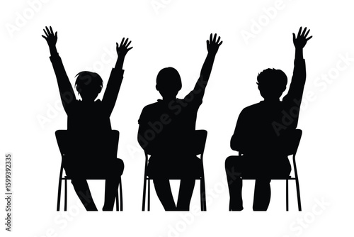 students raising hands in classroom, education and participation silhouette set