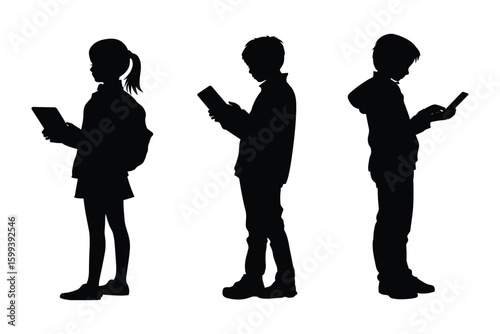 silhouette of children using digital tablets, learning with technology set