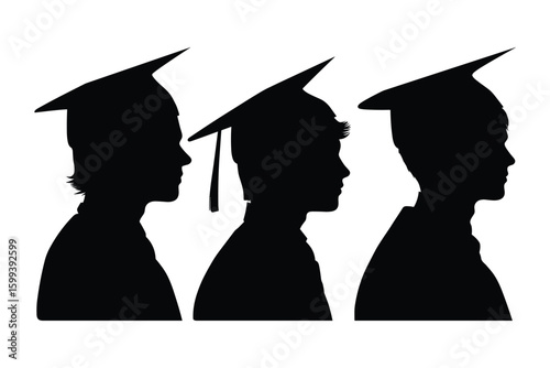 silhouettes of graduates in cap and gown, graduation ceremony concept