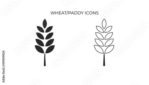 Simple graphic of a grain stalk (wheat or paddy) with distinct leaves, presented in both solid fill and outline styles, symbolizing agriculture or food.
