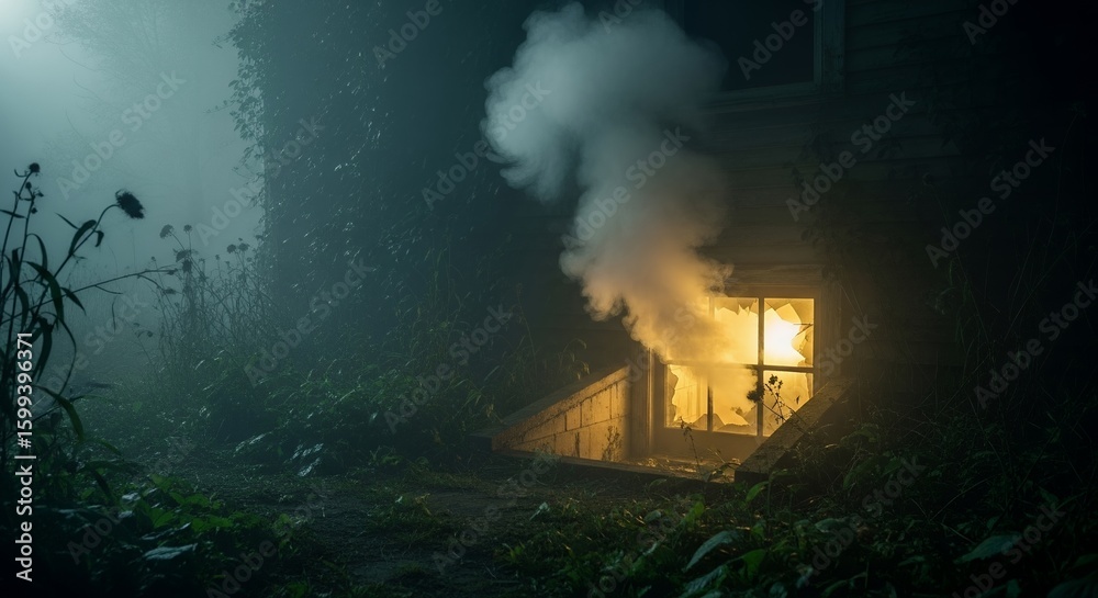Fototapeta premium Mysterious Foggy Night Basement Window with Light and Smoke