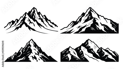 Set of four silhouette mountain peaks vector designs in bold black and white style