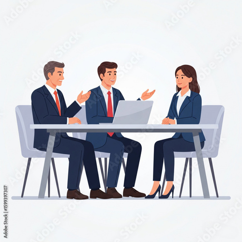 Business Job Interview concept. Vector illustration of two young people sitting at a table with a laptop and asking a young woman questions.