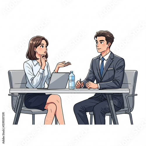 Business Job Interview concept. Vector illustration of a young woman asking questions and a young man in a suit answering them while sitting at a table.