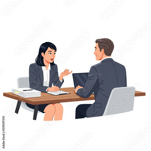 Business Job Interview concept. Vector illustration of a young woman asking questions and a young man in a suit answering them while sitting at a table.