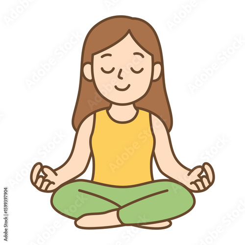 A cartoon icon of a girl in a lotus pose, representing yoga or meditation for relaxation and well-being.