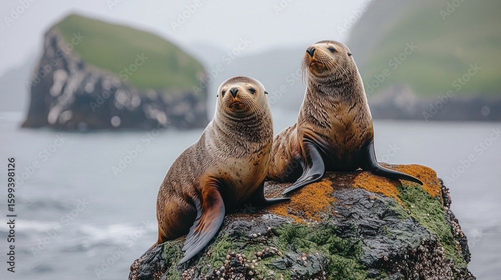 Fototapeta premium Two Antarctic Fur Seals Resting on a Rocky Outcrop
