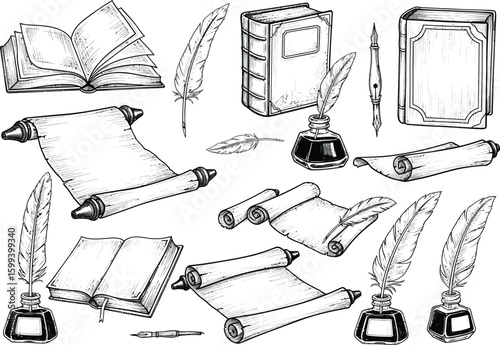 Collection of antique writing instruments scrolls and books depicted in a classic black and white sketch style