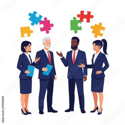 Business Team Discussion concept. Contemporary flat style abstract vector illustration of a four of diverse people with suit standing and talking to each other with puzzle pieces above their heads.