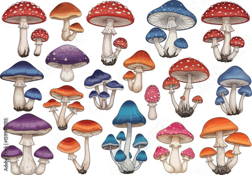 A whimsical collection of enchanted forest mushrooms in vibrant colors and diverse shapes
