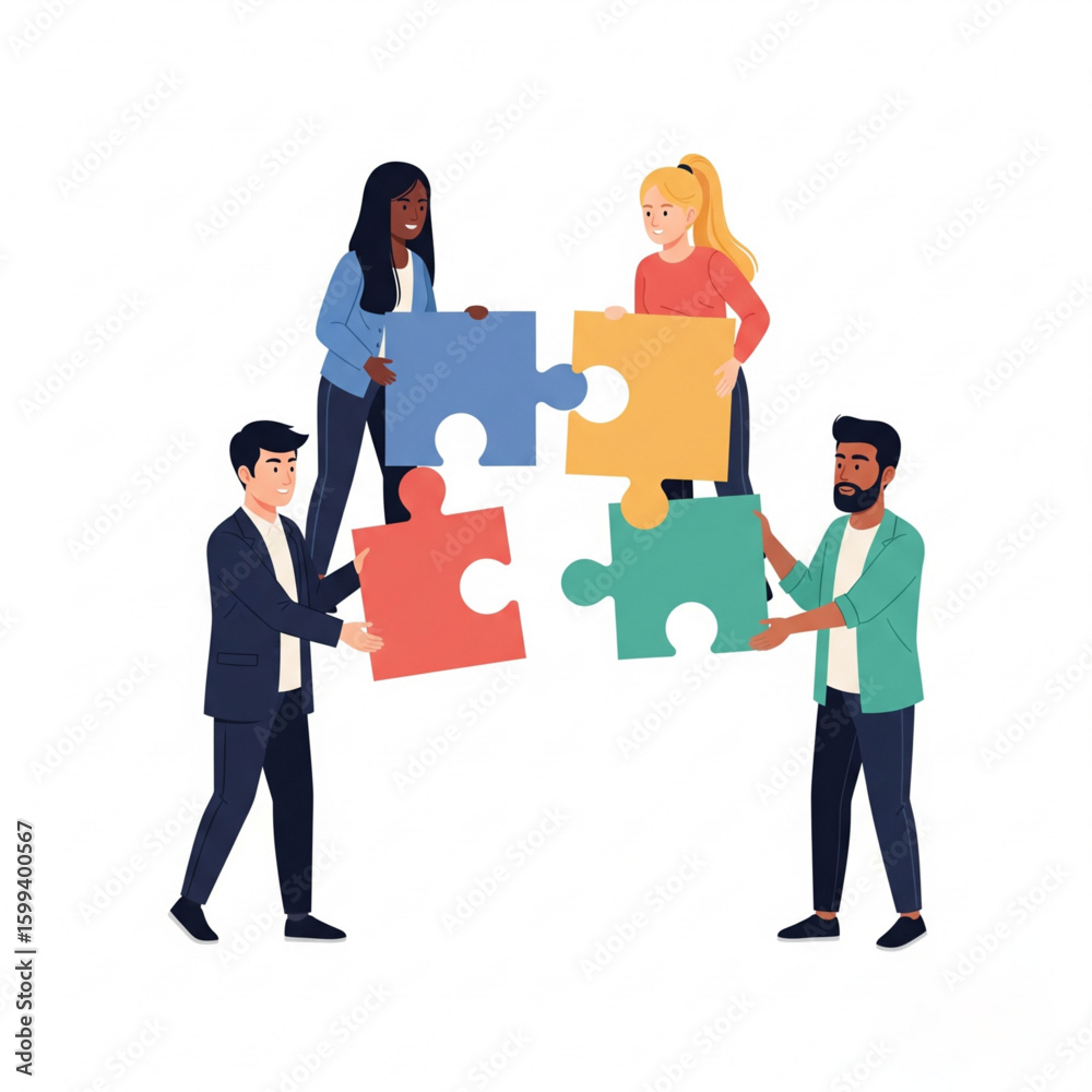 Fototapeta premium Business Teamwork concept. Contemporary flat style abstract vector illustration of four young diverse people putting together puzzle details.