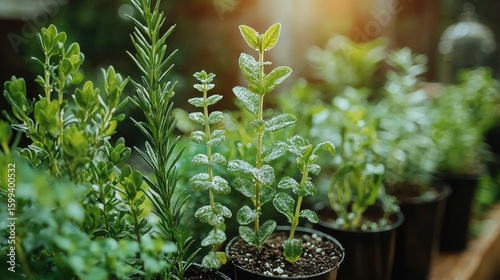 Vibrant Green Herb Garden: A Lush Collection of Rosemary, Oregano, and Mint in Pots