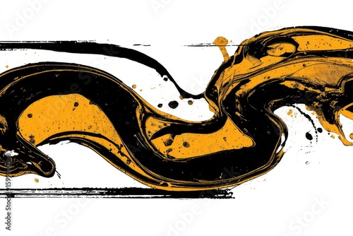 Abstract swirled paint, black and gold, on white background