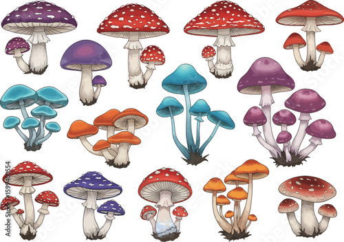 Vibrant collection of fantasy mushrooms in various shapes colors and sizes on a light background