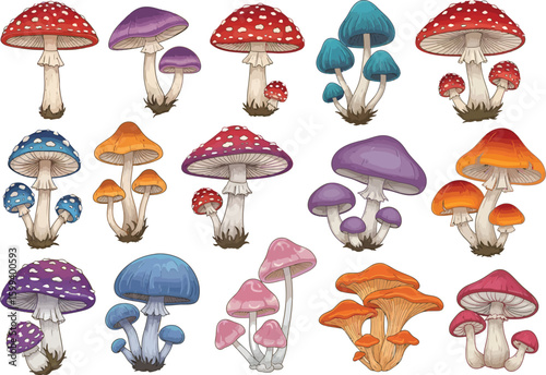 Collection of various colorful and whimsical fantasy mushrooms in a variety of shapes and sizes against a neutral background