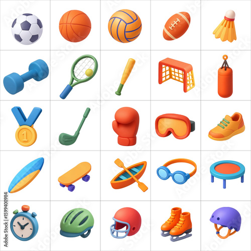 Colorful isometric icons depicting a diverse range of sports equipment and accessories.