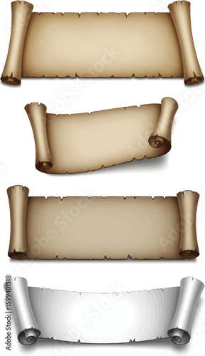 Collection of four aged parchment scrolls and one modern white banner with rolled edges on a white background