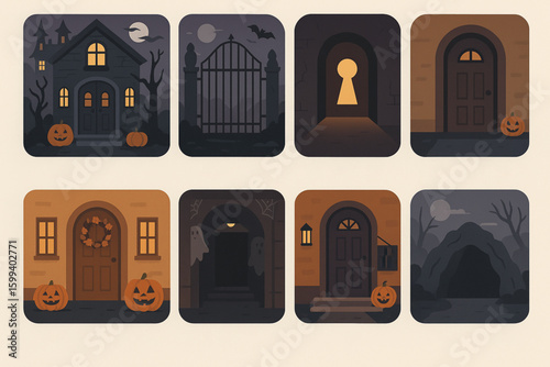 Set of Halloween Entrances Vector – Haunted Door, Creaky Gate, Pumpkin Porch