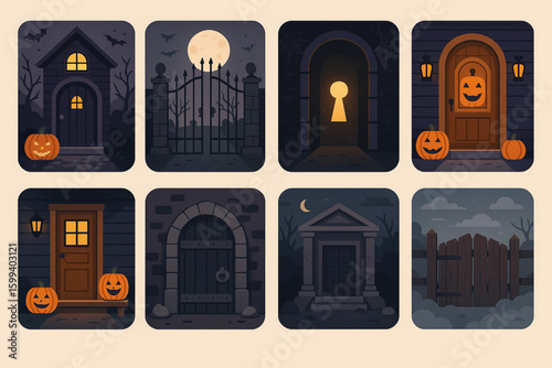 Set of Halloween Entrances Vector – Haunted Door, Creaky Gate, Pumpkin Porch