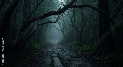 Rainy Forest Path Mystical Dark Woods Scene