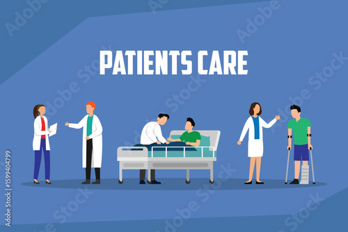 Patient Care and Medical Assistance Concept with Doctors and Patients in Hospital Setting 2d isometric vector illustration
