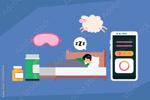 Healthy Sleep and Monitoring Concept with Sleep Tracker App, Pills, Mask, and Resting Person 2d  vector illustration